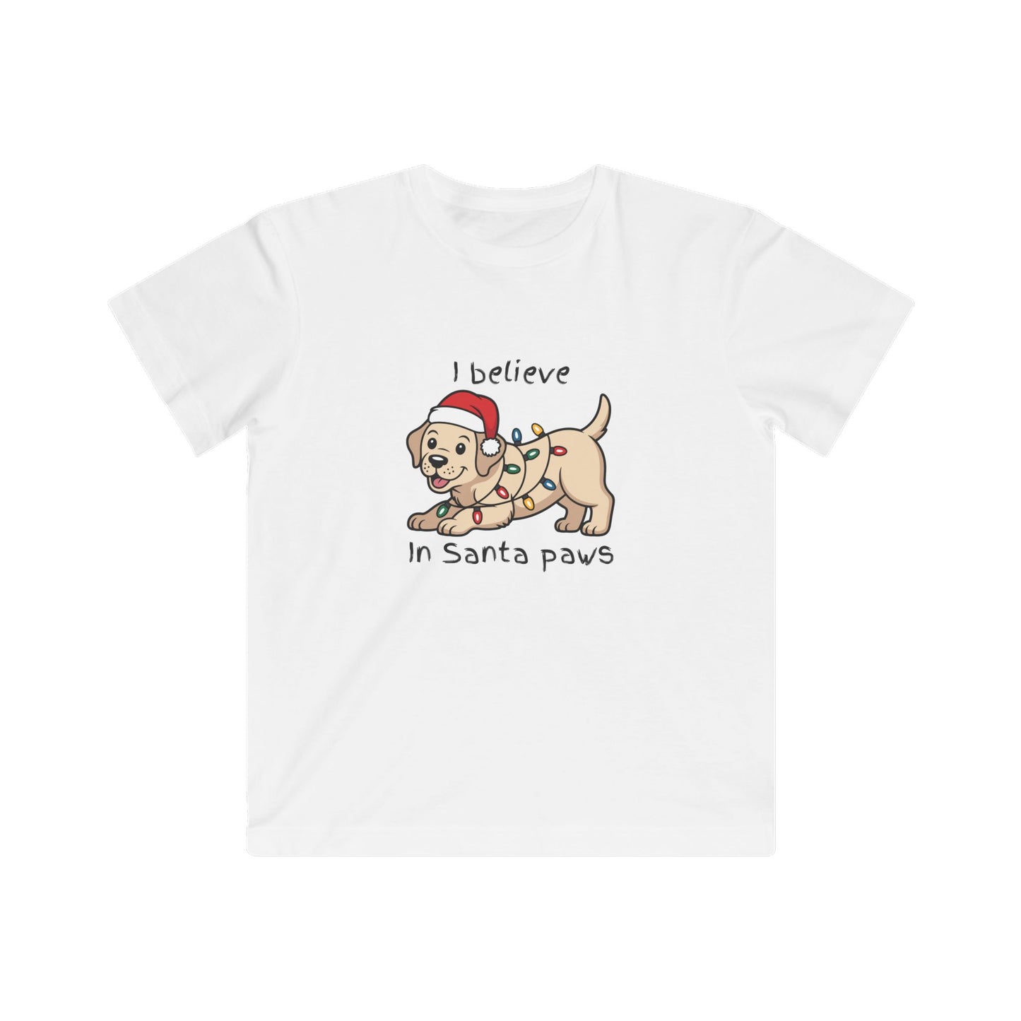 Kids Tee — “I Believe in Santa Paws” Christmas Puppy Holiday Shirt