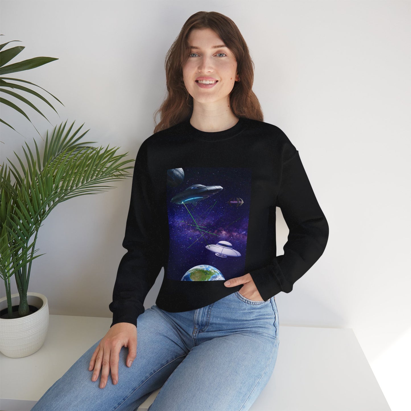 Space Whale UFO Sweatshirt — Cosmic Whale & Alien Saucer Graphic Crewneck