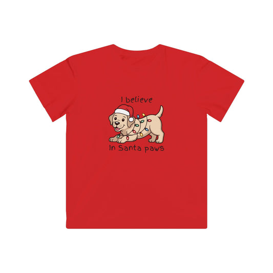 Kids Tee — “I Believe in Santa Paws” Christmas Puppy Holiday Shirt
